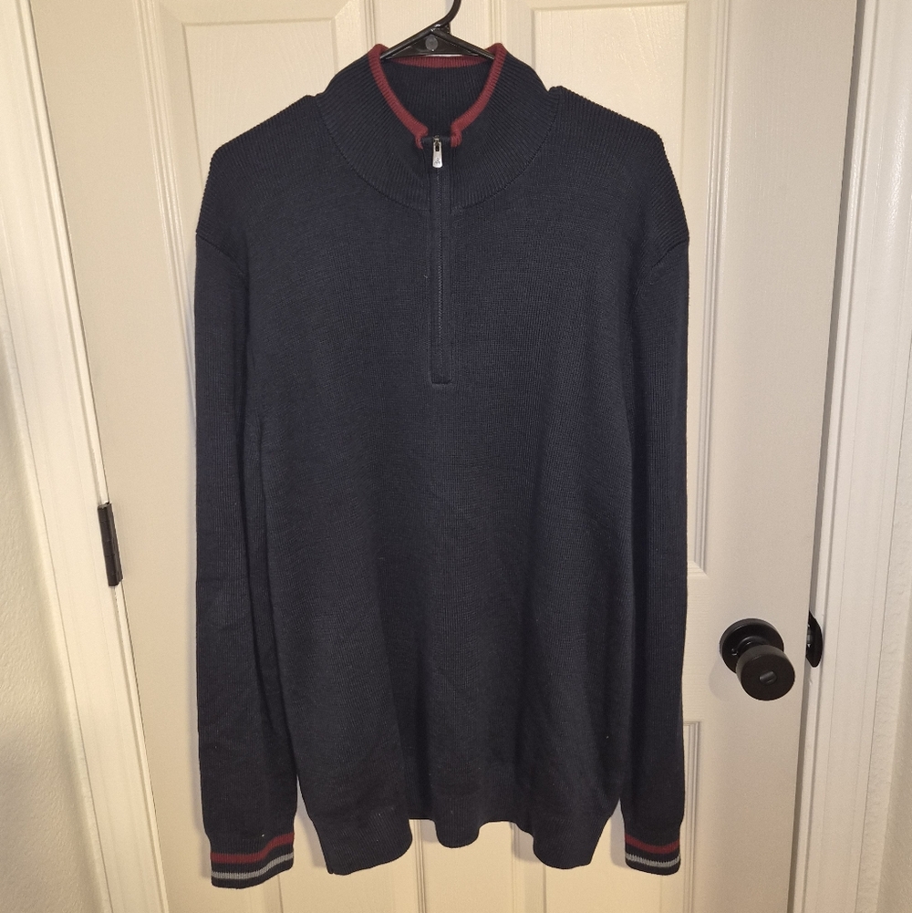 Brooks Brothers Navy Half-Zip Merino Wool Sweater with Maroon Trim